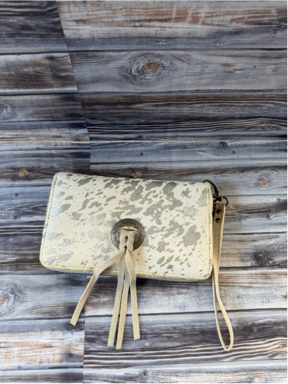 Shyanne western cowhide wristlet wallet/clutch white silver metallic